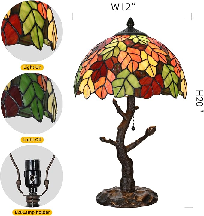TL0021 Maple Leaves Tiffany Table Lamp Stained Glass Shade Reading Desk Light 12 X 20 Inches for Bedroom Living Room, Handcrafted Art Deco for Home Office, LED Bulb Included (Maple Leaves)