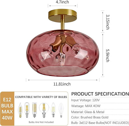 Red Glass Semi Flush Mount Ceiling Light - 12 Inch Hammered Glass Hallway Light fixtures, Vintage Gold Flush Mount Ceiling Light,Mid Century Light Fixture for Entryway Laundry Room Foyer Porch