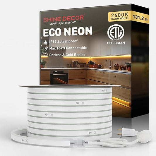 Shine Decor LED Rope Lights AC 120V, Connectable & Cuttable Dotless 120LEDs/M Eco Neon Strip Lighting, ETL IP65 Waterproof & Weather-Resistant for Home Commercial, 8x16mm, 2600K Warm White, 131.2FT