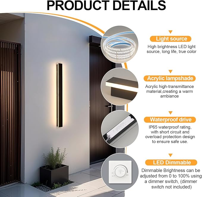 Porch Wall Lights 39.4" Black Outdoor Wall Light 3000K Waterproof Modern Anti Rust Exterior Wall Sconces Long LED Linear Exterior Lighting Fixtures for Patio Garage Garden Swimming Pools