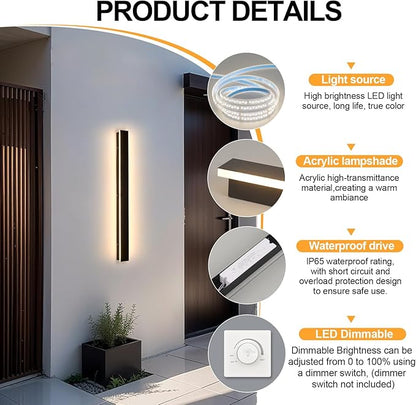 Porch Wall Lights 31.5" Black Outdoor Wall Light 3000K Modern Waterproof Anti Rust Exterior Wall Sconces Long LED Linear Exterior Lighting Fixtures for Patio Garage Swimming Pools