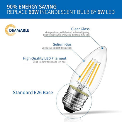 ANWIO B11 LED Filament Bulb E26 Candelabra Base 6W(60W Equivalent), Dimmable 2700K Warm White Chandelier Decorative Candle Light Bulb (6-Pack)