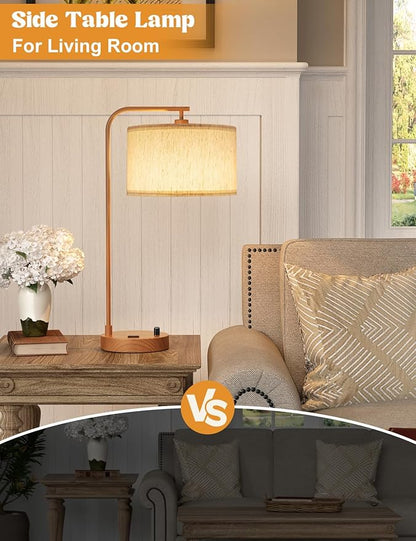 Innqoo Wood Tall Table Lamp with USB Port and Outlet, Dimmable Nightstand Bedside Lamps with Linen Lampshade, Desk Lamp for Bedroom, Living Room, Guest Room, Home Office, LED Bulb Included