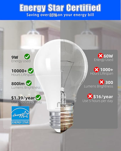 MASTERY MART 24 Pack A19 LED Light Bulbs 60 Watt Equivalent, 9W Non-Dimmable, Flicker-Free, 800 LM, Bright Daylight White 5000K, E26 Base, 10000 Hrs, 80+ CRI, Energy Saving, for Living Room, Office