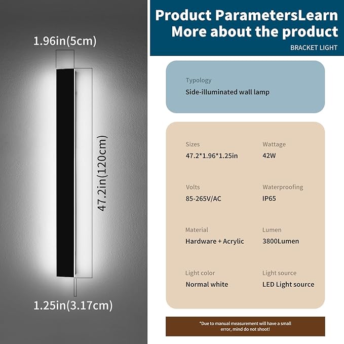 47.2inch Long Outdoor Wall Light Fixture, Garage Modern Wall Sconces, 6000K Cold White, IP65 Waterproof, White Acrylic, 42W, Minimalist House Exterior Lighting for Patio, Porch, Garden, Fence