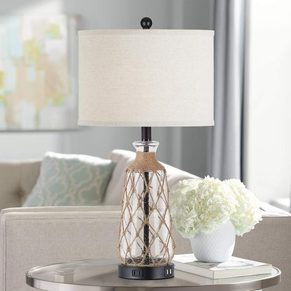 25.5" Coastal Glass Table Lamps Set of 2, 3-Way Dimmable Touch Control Bedside Lamps with 2 USB Ports and AC Outlet, Clear Nautical Nightstand Lamp for Bedroom Living Room (LED Bulbs Included)