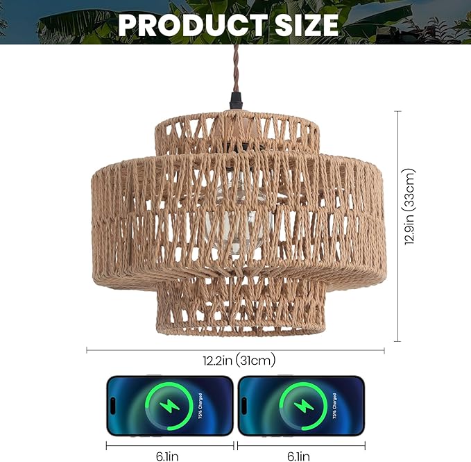 Boho Rattan Lamp Shades for Pendant Light Chandelier Floor Lamps Replacement,Rustic 3-Tier Drum Lamp Shade with Hand-Woven Rattan for Living Room Kitchen Dining Room Office Hotel.