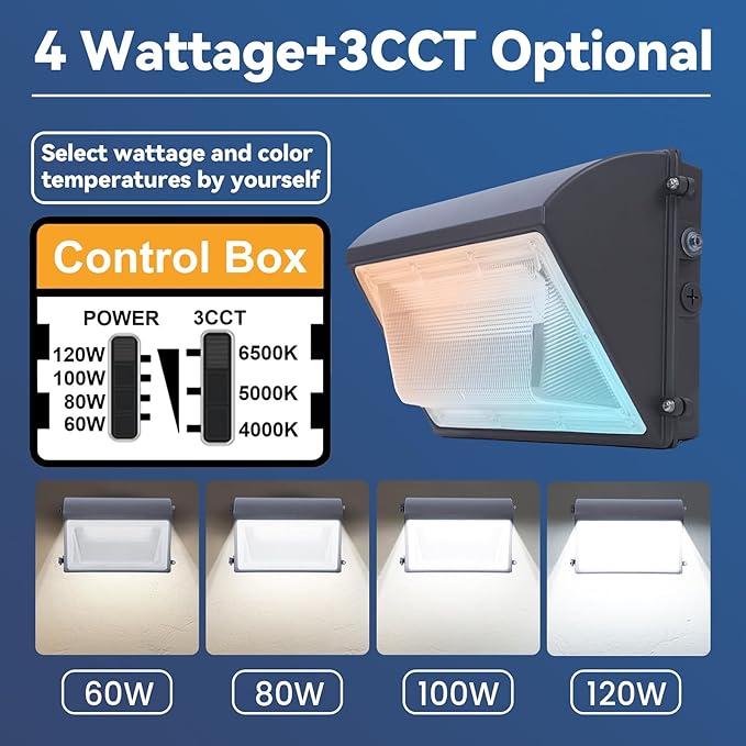 120W LED Wall Pack Light with Photocell 4Pack, 4000/5000/6500K 3CCT, 60/80/100/120W Selectable, Commercial Wall Pack Lights Outdoor LED Wall Lights for Parking Lot Warehouses 100-277V ETL Listed