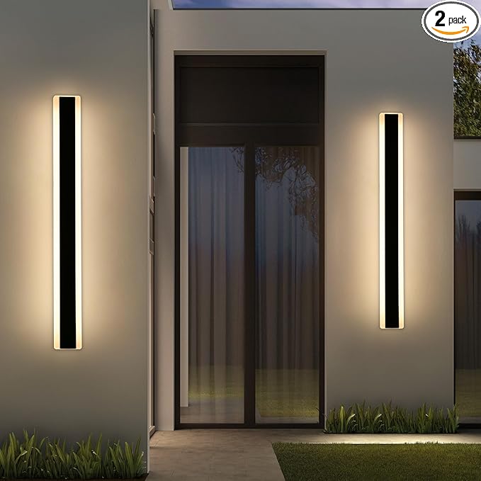 2 Pack Outdoor Wall Sconce Light, 31.4inch Modern Black Exterior Porch Light, 3 Color Lights 3000K/4500K/6000K, 31W, IP65 Waterproof Wall Mounted Lighting Fixture for Patio, Yard, Garage