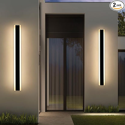 2 Pack Outdoor Wall Sconce Light, 31.4inch Modern Black Exterior Porch Light, 3 Color Lights 3000K/4500K/6000K, 31W, IP65 Waterproof Wall Mounted Lighting Fixture for Patio, Yard, Garage