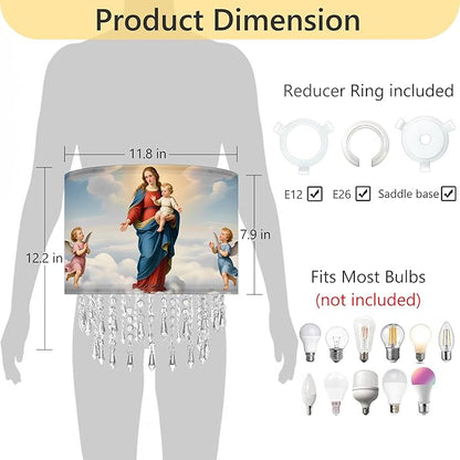 Madonna & Child Lamp Shade with Acrylic Bead Droplets, Drum Fabric Light Shade for Ceiling Pendant Table & Floor Lamps, Religious Catholic Christian Church Prayer, 11.8in