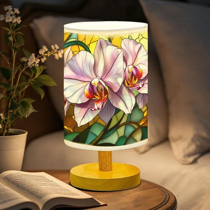 Orchid Table Lamp LED 3-Color Pressed Bedside, Orchid Shade Lamp with Wood Base for Bedroom Living Room Desk Office TL01