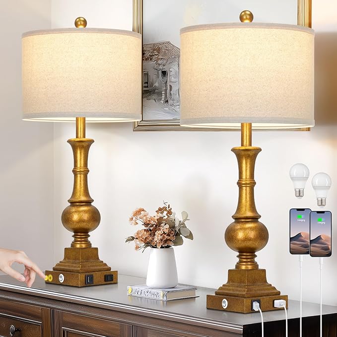 Farmhouse Table Lamps for Living Room, 26" Vintage Table Lamp Set of 2 with USB A+C Charging Ports & AC Outlets, Touch Control 3-Way Dimmable Rustic Bedside Nightstand Lamps for Bedroom Gold Brass