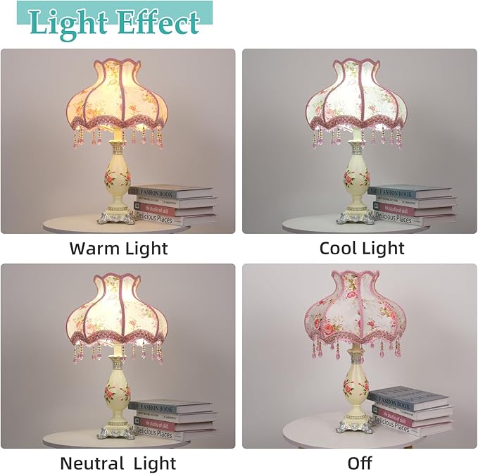 Cute Table Lamp with Fabric Lampshade, Antique Flower Decorative Bedside Desk Nightstand Lamp, Handmade Night Light for Bedroom Living Room (Pink and Beige)
