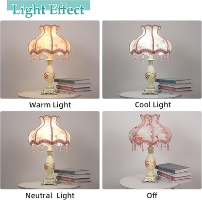 Cute Table Lamp with Fabric Lampshade, Antique Flower Decorative Bedside Desk Nightstand Lamp, Handmade Night Light for Bedroom Living Room (Pink and Beige)