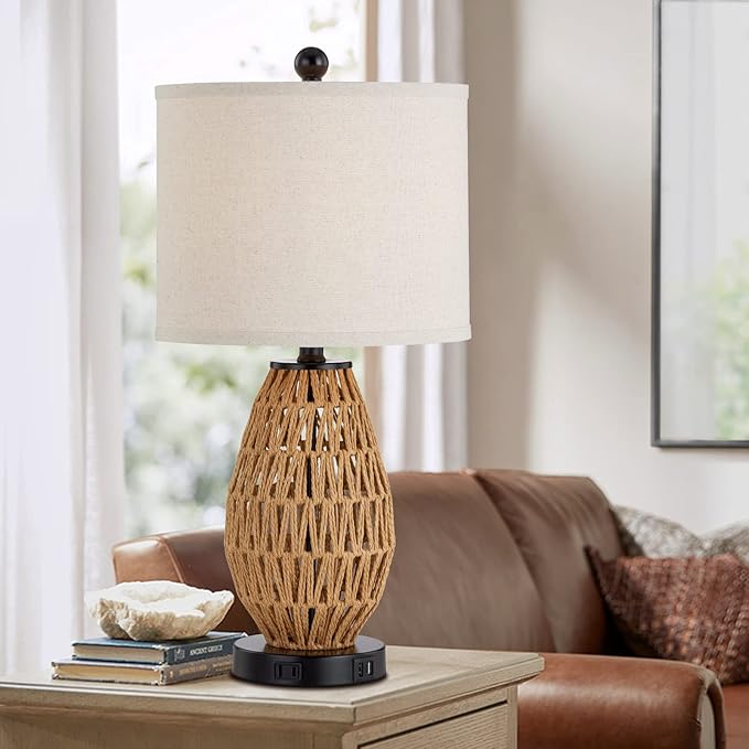 Touch Control Rattan Table Lamp, 3 Way Dimmable Bedside Lamp for Bedroom with 2 USB Ports and AC Outlet, Wicker Nightstand Lamps for Living Room(LED Bulb Included), Rattan-1PK