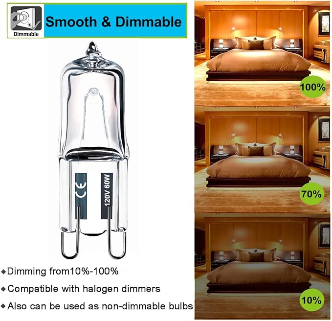 Vinaco G9 Bulb, 10 Pack G9 Halogen Bulb 60 Watt, High Output 720LM JD G9 120V 60W G9 Light Bulb Dimmable Long Lasting Lifespan, CRI100 & 2800K Warm White, G9/bi-pin Light Bulbs for Chandelier Lights