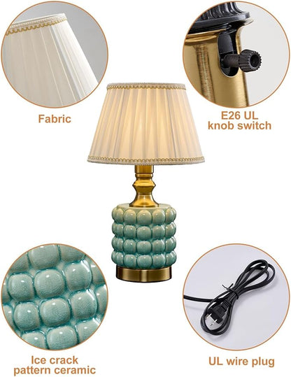Vintage Lamp for Bedroom,Unique Lamps Cracked Ceramic lamp,UL Rotary Switch Control Pleated lamp Shade,Small Table lamp for Living Room Decor Kitchen Lighting (Blue+Pleated)