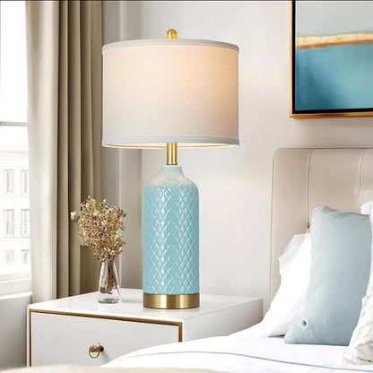 26“ Aqua Blue Ceramic Lamp Single, Coastal Table Lamps for Living Room End Table, Modern Bedside Lamp for Nightstand, Elegant Farmhouse Bedroom Lamps for Desk Side Home Decor(Bulb Included)