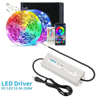 LED Driver 12V150W Waterproof IP67 Power Transformer AC90-130V to DC 12V12.5A Low Voltage Switching Power Supply with 3-pin US Plug for Indoor and Outdoor LED Light Strips and 12V DC Devices