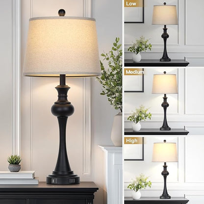 28.75 " 3-Way Touch Control Modern Table Lamp Set of 2 for Living Room , Bedside Lamp with USB A+C Ports, Mid Century Black Table Lamps, Nightstand Lamps Set ,Beige Fabric Shade Vintage Accent Style