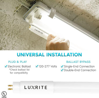 LUXRITE 30-Pack 4FT T5 LED Tube Lights, Type A+B, 24W=54W, 3000K Soft White, 45.78", Ballast and Ballast Bypass Compatible, Single or Double End Powered, F54T5 Fluorescent Replacement, Damp Rated