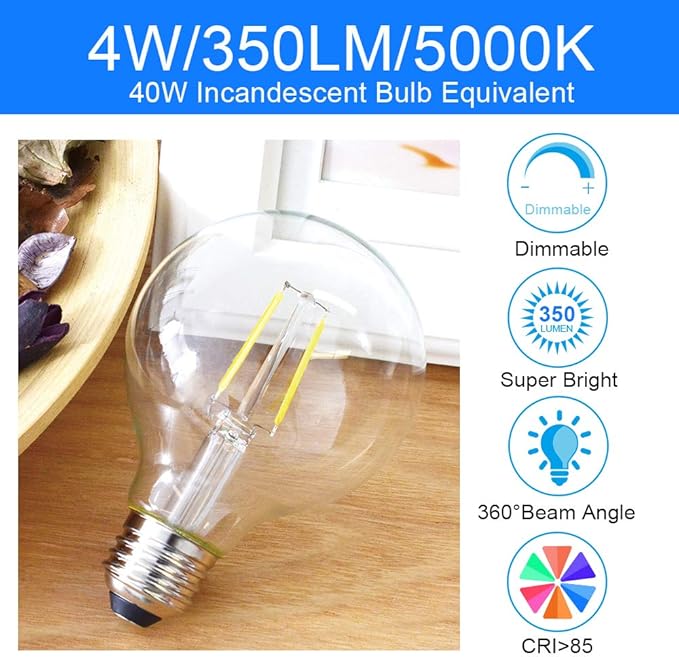 Energetic 12-Pack LED Globe G25 Dimmable Edison Light Bulb, 40 Watt Equivalent, 5000K,350LM, E26 Medium Screw Base, Christmas Light, G80 LED Edison Light Bulb, UL Listed