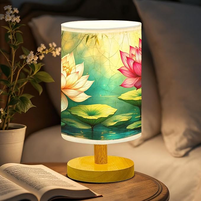 Lotus Table Lamp LED 3-Color Pressed Bedside, Lotus Shade Lamp with Wood Base for Bedroom Living Room Desk Office