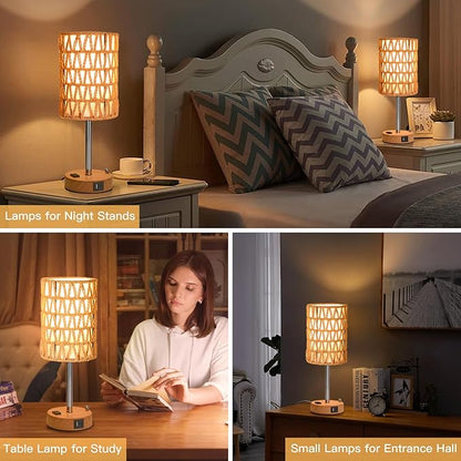 Rattan Table Lamps for Living Room, 3 Way Dimmable Touch Lamps, Small Bedside Lamps with LED Bulbs, Phone Stand, USB Ports and AC Outlet, Boho Nightstand Lamp for Bedroom Office (1 Pack Faux Wood)