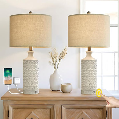 PoKat 24" Modern Contemporary Ceramic Lamp Set of 2 for Living Room White Desk Decor Lamps for Bedroom Farmhouse Bedside Nightstand End Table Lamps, White and Grey