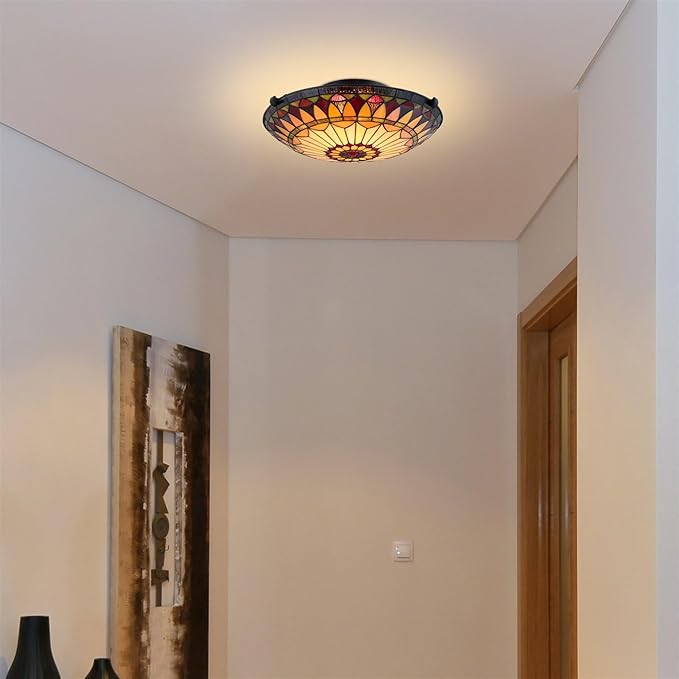 Kira Home Mateo 16" 2-Light Tiffany Glass Flush Mount Ceiling Light, Black Finish