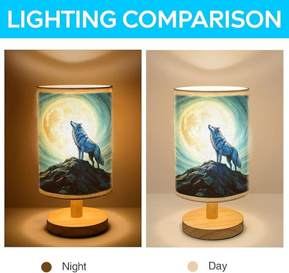 Wolf Table Lamp LED 3-Color Pressed Bedside, Wolf Shade Lamp with Wood Base for Bedroom Living Room Desk Office TL01