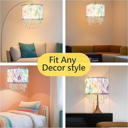 Colorful Macaron Lamp Shade with Acrylic Bead Droplets, Elegent Whimsical Fabric Light Shade for Pendant Table & Floor Lamp, Art Decor for Bedroom or Eentryway, 11.8in