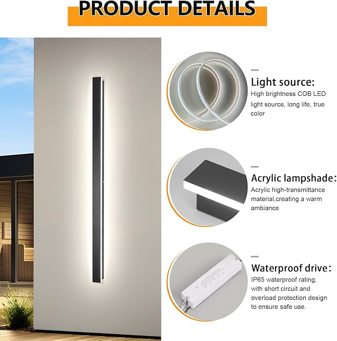 Modern Outdoor Lights Fixture,92.5inch Exterior Porch Lights Fixture Wall Mount,Dimmable Rectangular Black Linear Long LED Outdoor Entrance Wall Sconce Lighting for Garage,Front Door