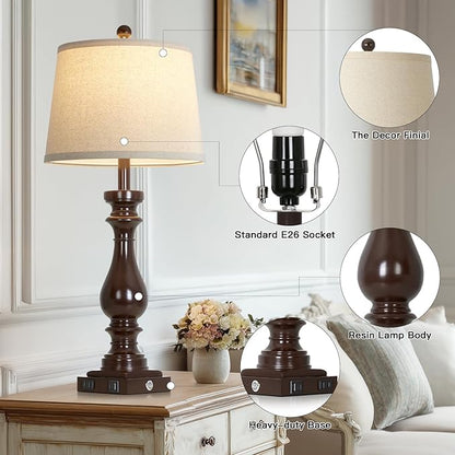 29" Farmhouse Brown Table Lamp for Living Room Set of 2,Vintage Bedside Nightstand Lamps with USB C+A Ports & AC Outlet,3-Way Dimmable Touch Retro Lamp for Bedroom,Dark Brown