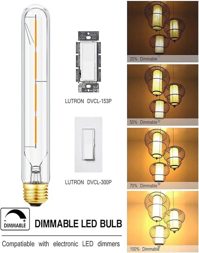 T10 Led Bulbs 4W Dimmable E26 Tubular Bulb Equal 40 Watt E26 Long Tube Light Bulb 8.9Inches 2700K Warm White Edison Style Vintage Led Bulb,6-Pack.
