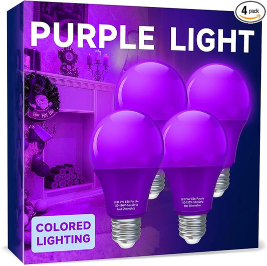 UNILAMP A19 Purple Light Bulb, 9W Equivalent 60Watt, Purple LED Bulb, LED Orange Colored Light Bulbs, E26 Base for Christmas Halloween, Party Decoration, Holiday Lighting, Non Dimmable, 4 Pack