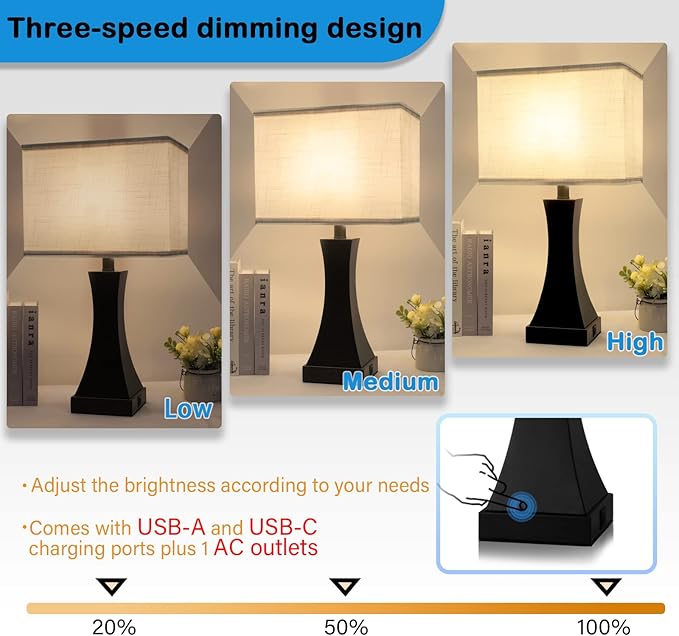 Set of 2 Touch Control Table Lamps 21.6" 3-Way Dimmable Bedside Nightstand Lamp with Type C/USB Charging Port & Outlet Desk Lamp for Living Room Bedroom Office and Hotel Bulb Included