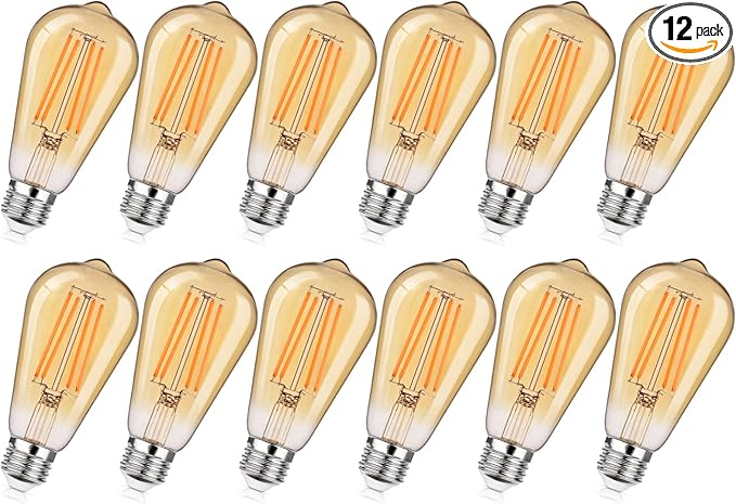 MAXvolador 12-Pack Dimmable Vintage LED Edison Bulb 60W Equivalent, 6W 850Lumens Amber Warm 2200K ST58 Antique Filament Light Bulbs, E26 Base