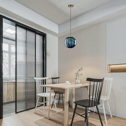 KCO Lighting Modern Large Globe Pendant Light 1-Light Single Blue Glass Pendant Lighting Kitchen Island Vintage Ribbed Glass Pendant Light Contemporary Gold Hanging Light Fixture (9.8”)