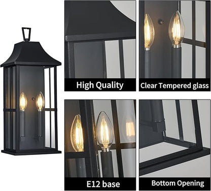 Outdoor Wall Sconce Waterproof Wall Lantern 2-Lights, 20.3" Large Outside Modern Wall Mount Light, Exterior Matte Black Porch Light with Glass for House Patio Garage,Bulbs Not Included