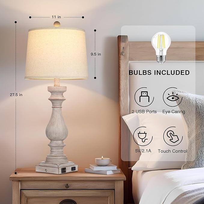 29" Farmhouse Table Lamp for Living Room,Vintage Bedside Lamp with USB C+A Ports & AC Outlet,3-Way Dimmable Touch Control Gray Washed Finish Nightstand for Bedroom, Single Gray
