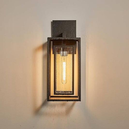 18"Ht Modern Industrial Outdoor Wall Light Fixture with Textured Black Anti-Rust Metal and Clear Glass, Wet Rated for Exterior House Porch Patio Outside Deck Garage Yard Front Door Garden