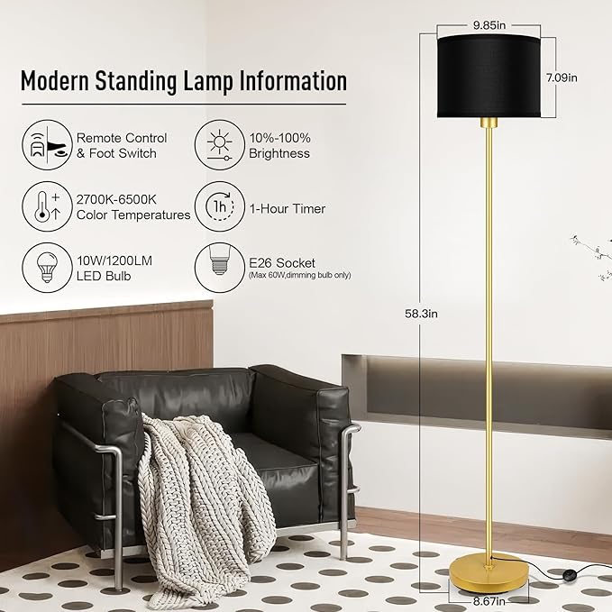 Gold Floor Lamps for Living Room, Stepless Dimmable Floor Lamp with Remote, 2700K-6500K Colors Temperature & Brightness Adjustable,10W/1200LM Black LED Floor Lamp,Modern Standing Lamp for Bedroom