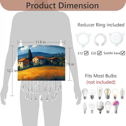 Pastoral Landscape Lamp Shade with Acrylic Bead Droplets, Drum Fabric Light Shade for Ceiling Pendant Table & Floor Lamps, Farmhouse Country Style Decor, 11.8in