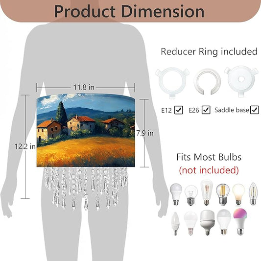 Pastoral Landscape Lamp Shade with Acrylic Bead Droplets, Drum Fabric Light Shade for Ceiling Pendant Table & Floor Lamps, Farmhouse Country Style Decor, 11.8in