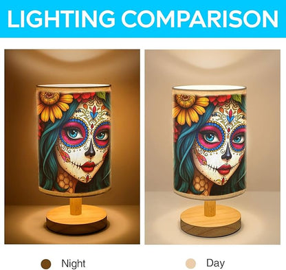 Sugar Skull Girl Table Lamp LED 3-Color Pressed Bedside, Sugar Skull Girl Shade Lamp with Wood Base for Bedroom Living Room Desk Office TL01