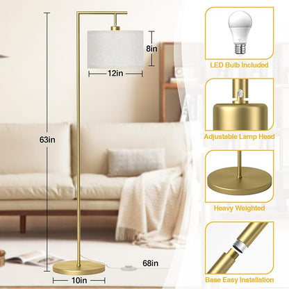 Floor Lamp for Living Room with 3 Color Temperatures Standing Lamp with Adjustable Beige Linen Lampshade Tall Lamps for Bedroom Office Classroom Dorm Room, 9W LED Bulb Included, Gold