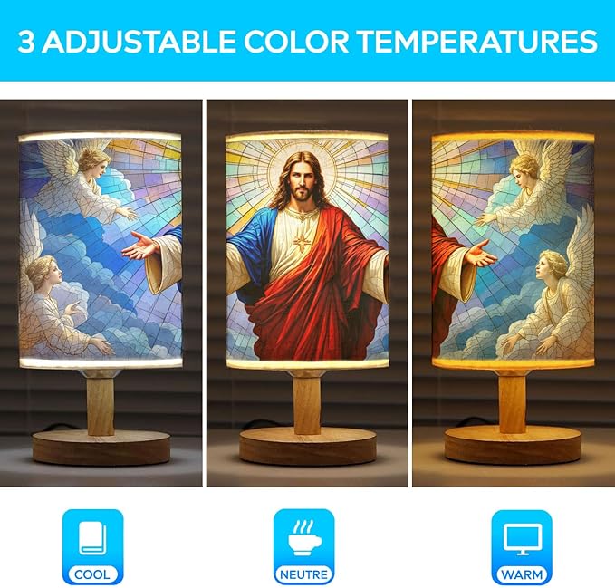 Jesus Blessing Table Lamp LED 3-Color Pressed Bedside, Jesus Blessing Shade Lamp with Wood Base for Bedroom Living Room Desk Office TL01