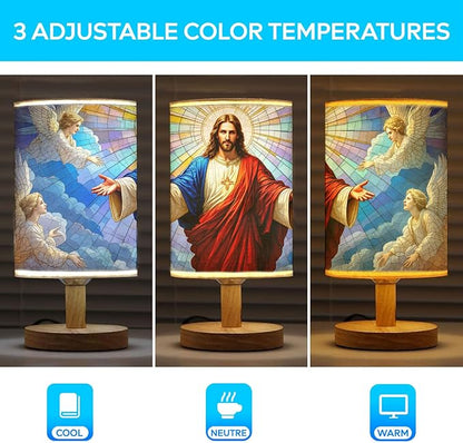 Jesus Blessing Table Lamp LED 3-Color Pressed Bedside, Jesus Blessing Shade Lamp with Wood Base for Bedroom Living Room Desk Office TL01